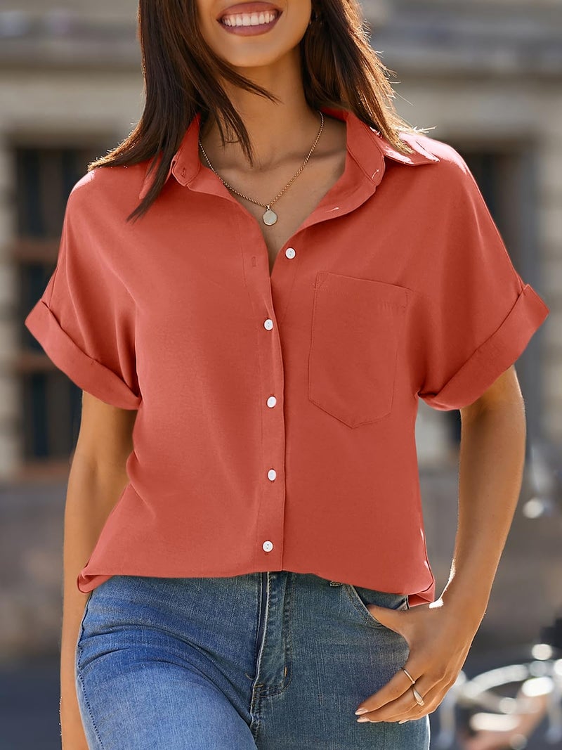 Beautife Womens Short Sleeve Shirts V Neck Collared Button Down Shirt Tops with Pockets Tangerine - Image 3